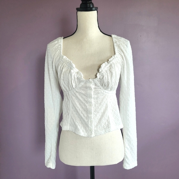Free People Tops - Free People Lady Bug Pointelle Long Sleeve Smocked Sweetheart Milkmaid Crop Top